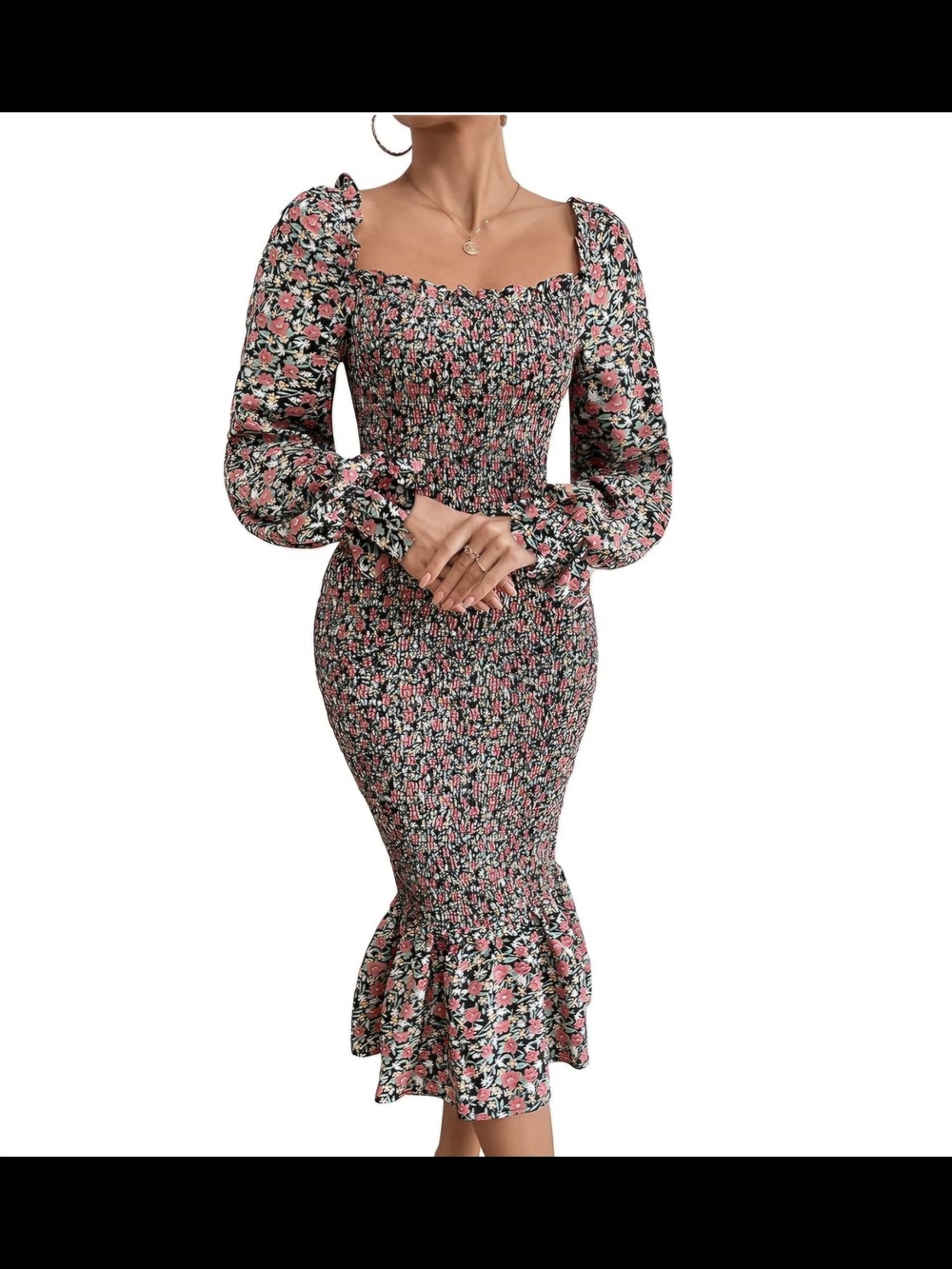 Smocked Floral Midi Dress with Ruffle Hem - Pink and Black